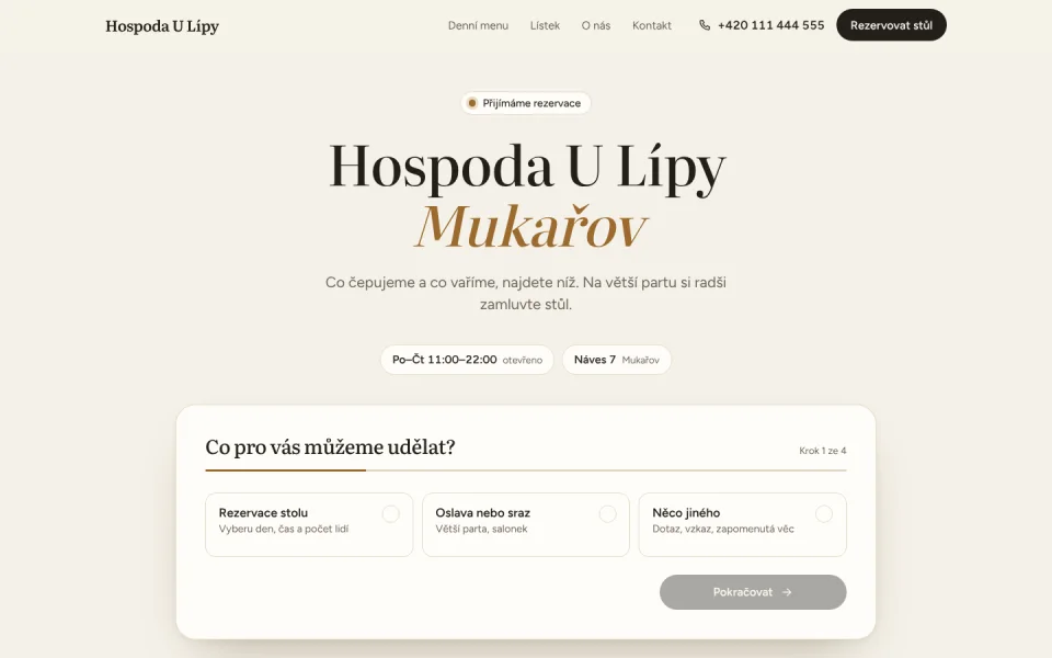 Úvodní obrazovka ukázkového webu Hospoda U Lípy
