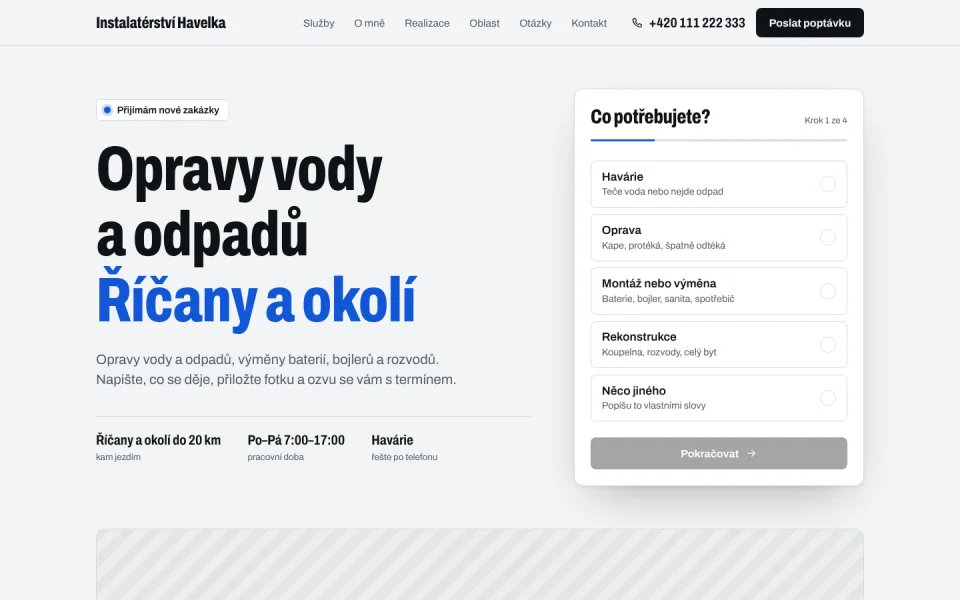 Úvodní obrazovka ukázkového webu Instalatérství Havelka