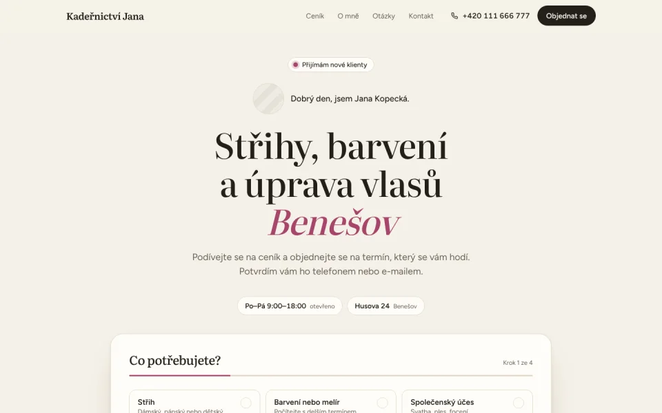 Úvodní obrazovka ukázkového webu Kadeřnictví Jana