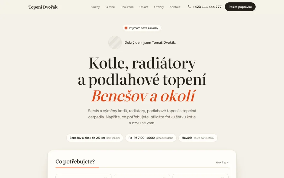 Úvodní obrazovka ukázkového webu Topení Dvořák