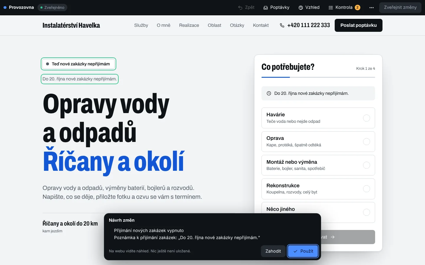 Web v režimu úprav: dole pokyn napsaný větou a náhled změn, které se chystají
